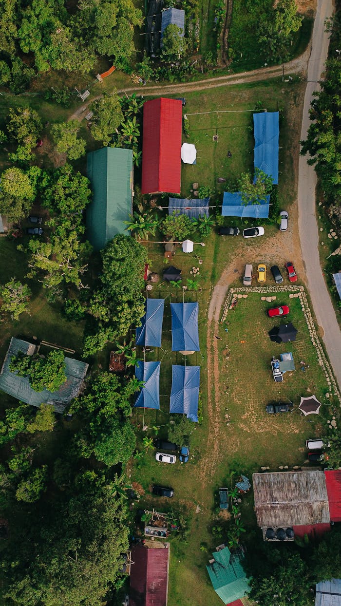 Services Top-down view of an agricultural area with colorful roofs and lush trees.